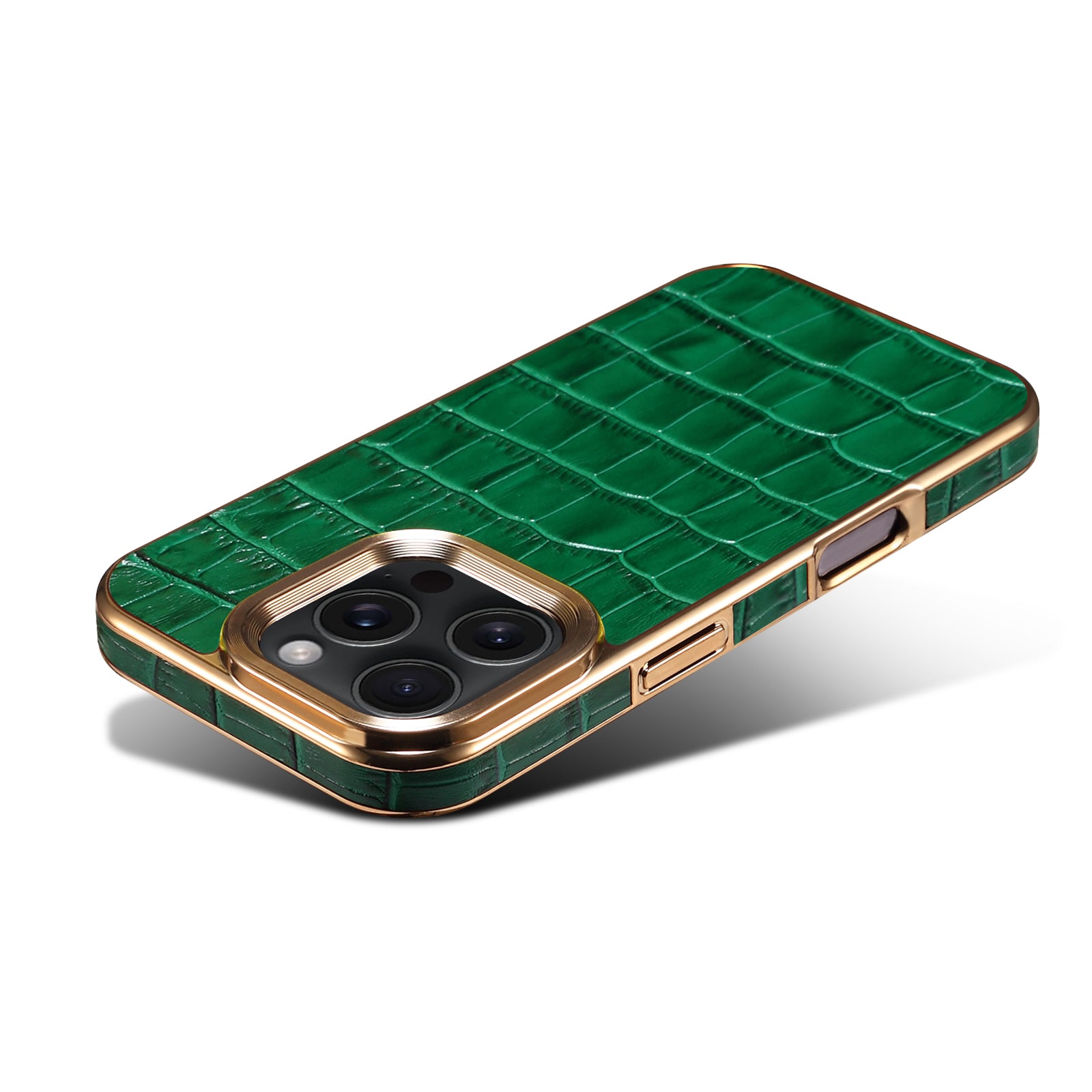iPhone 16 Series Top Layer Alligator Pattern Cowhide Electroplated Border Anti Drop Genuine Leather Phone Case（Green）