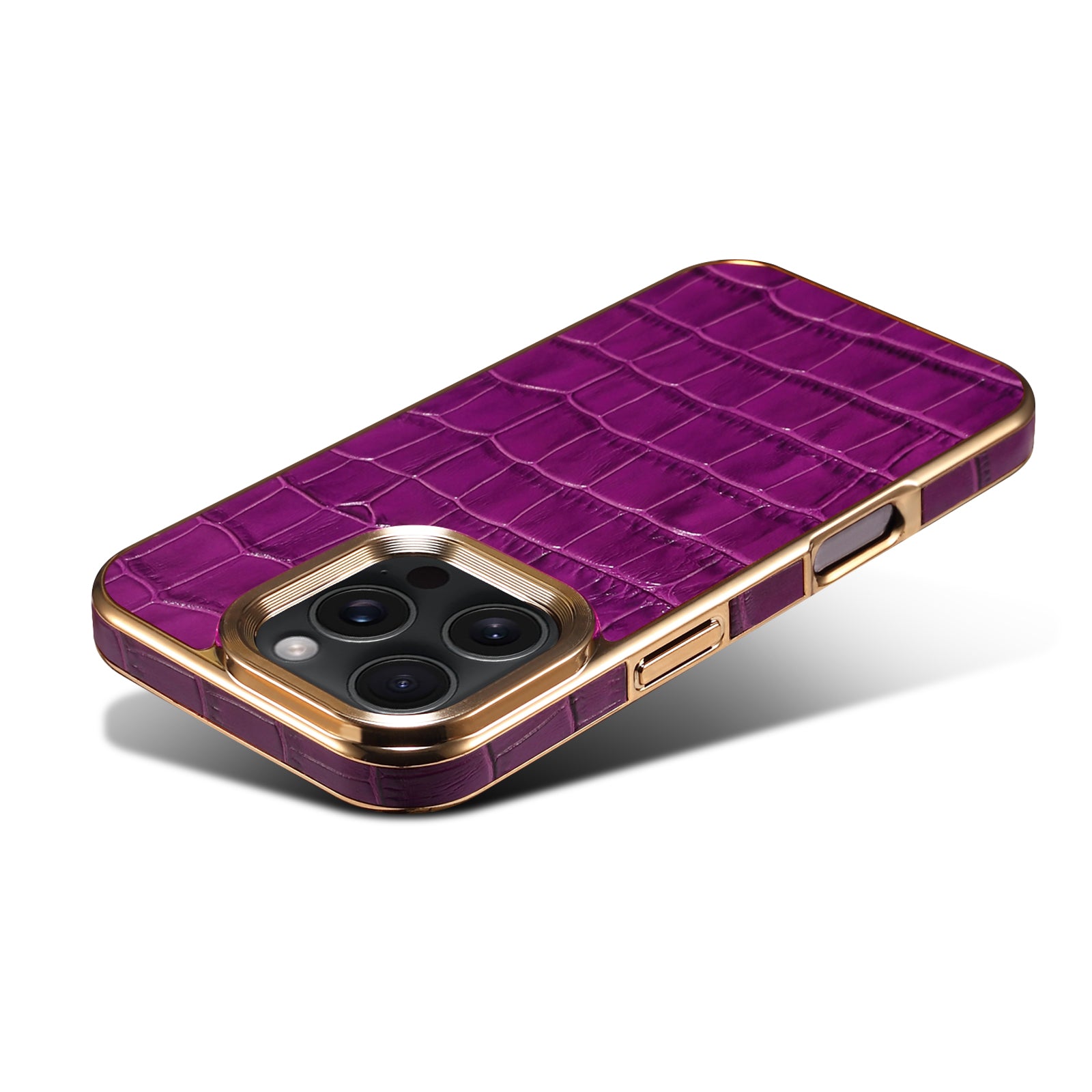 iPhone 16 Series Top Layer Alligator Pattern Cowhide Electroplated Border Anti Drop Genuine Leather Phone Case（Purple）