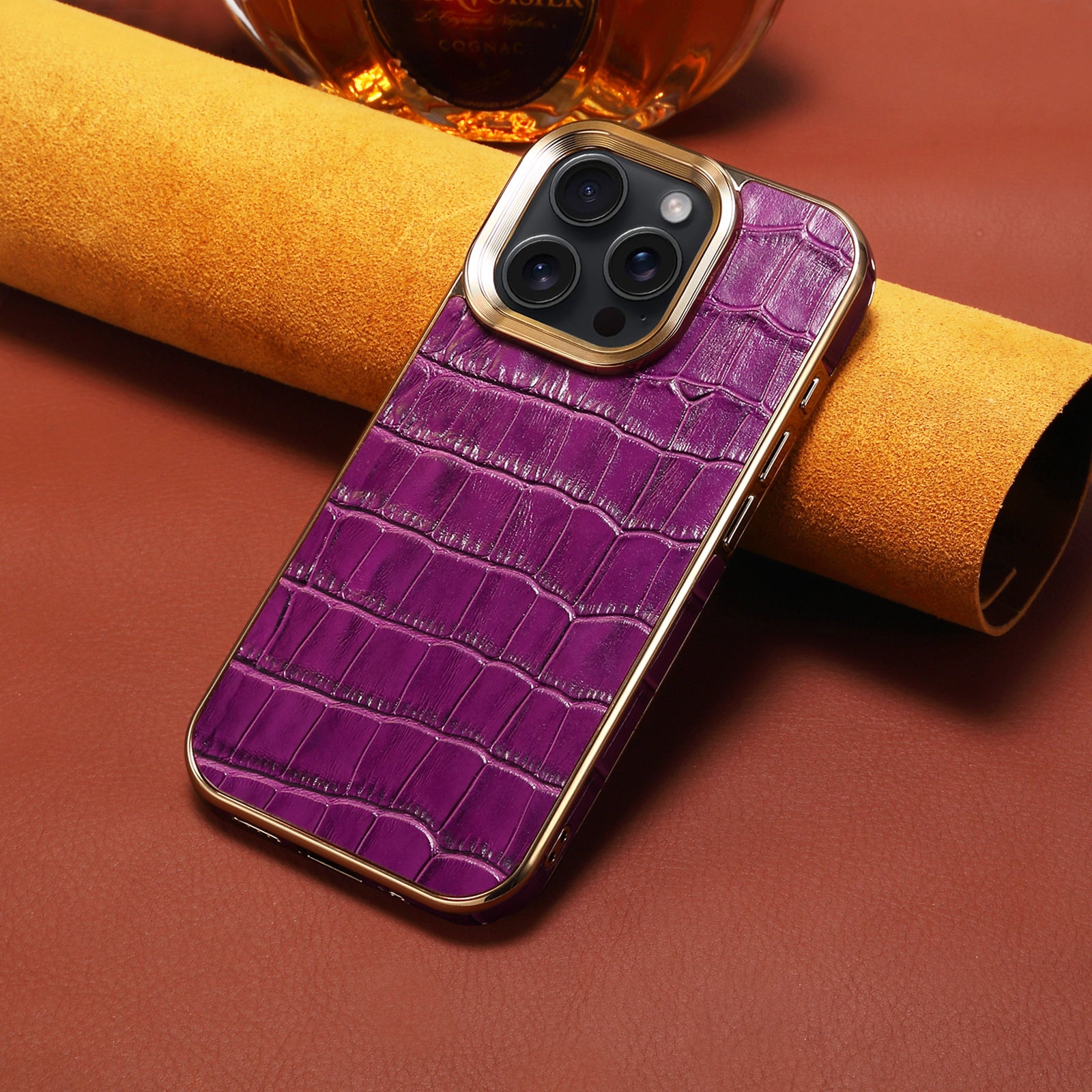 iPhone 16 Series Top Layer Alligator Pattern Cowhide Electroplated Border Anti Drop Genuine Leather Phone Case（Purple）
