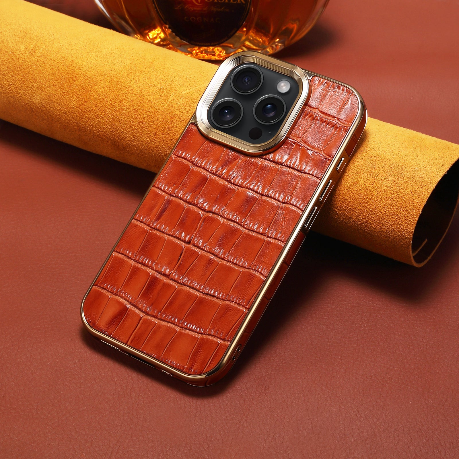 iPhone 16 Series Top Layer Alligator Pattern Cowhide Electroplated Border Anti Drop Genuine Leather Phone Case（Brown）