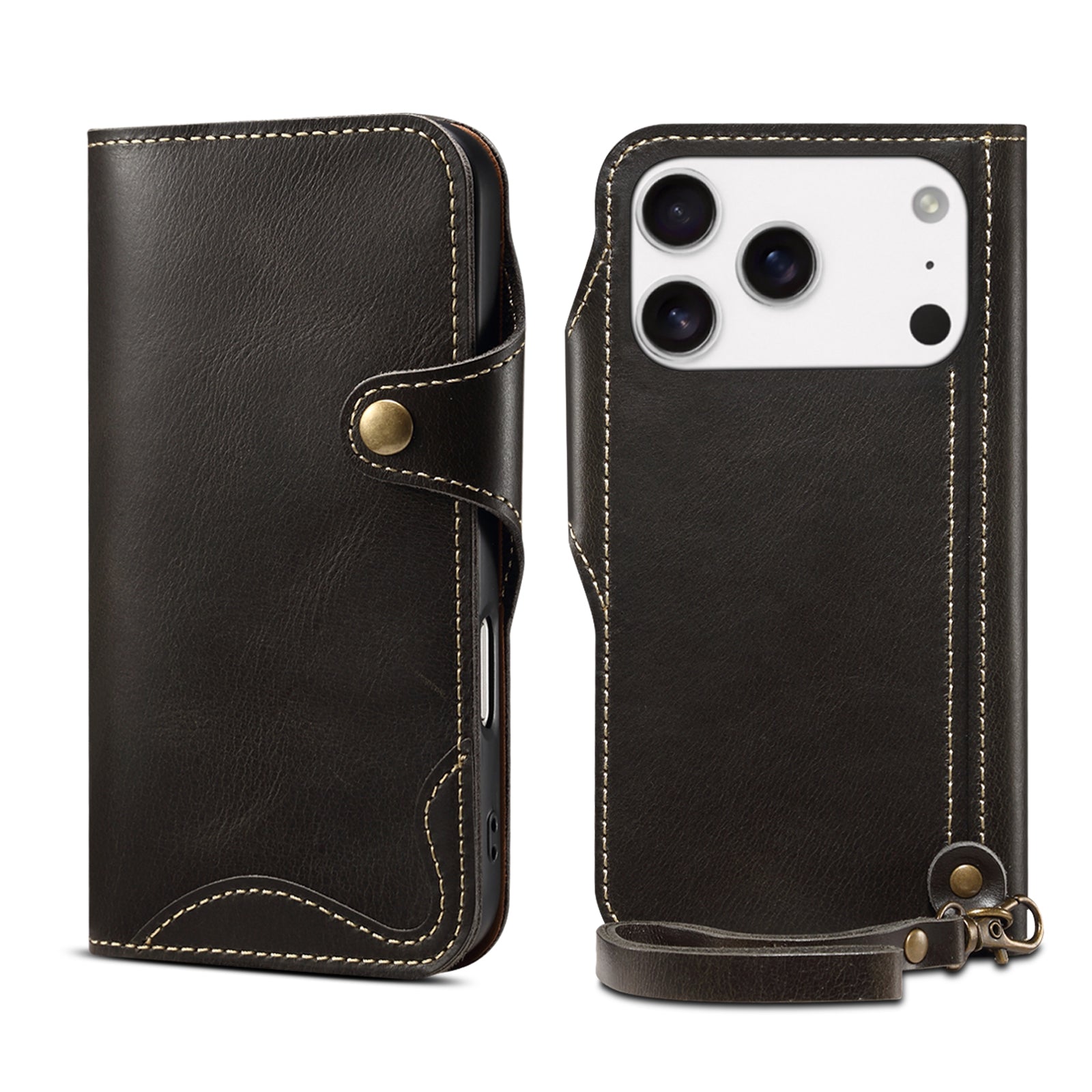 iPhone 17 Series Genuine Leathe Multi Functional Card Insertion Flip Wallet Holder Phone Case（Black）