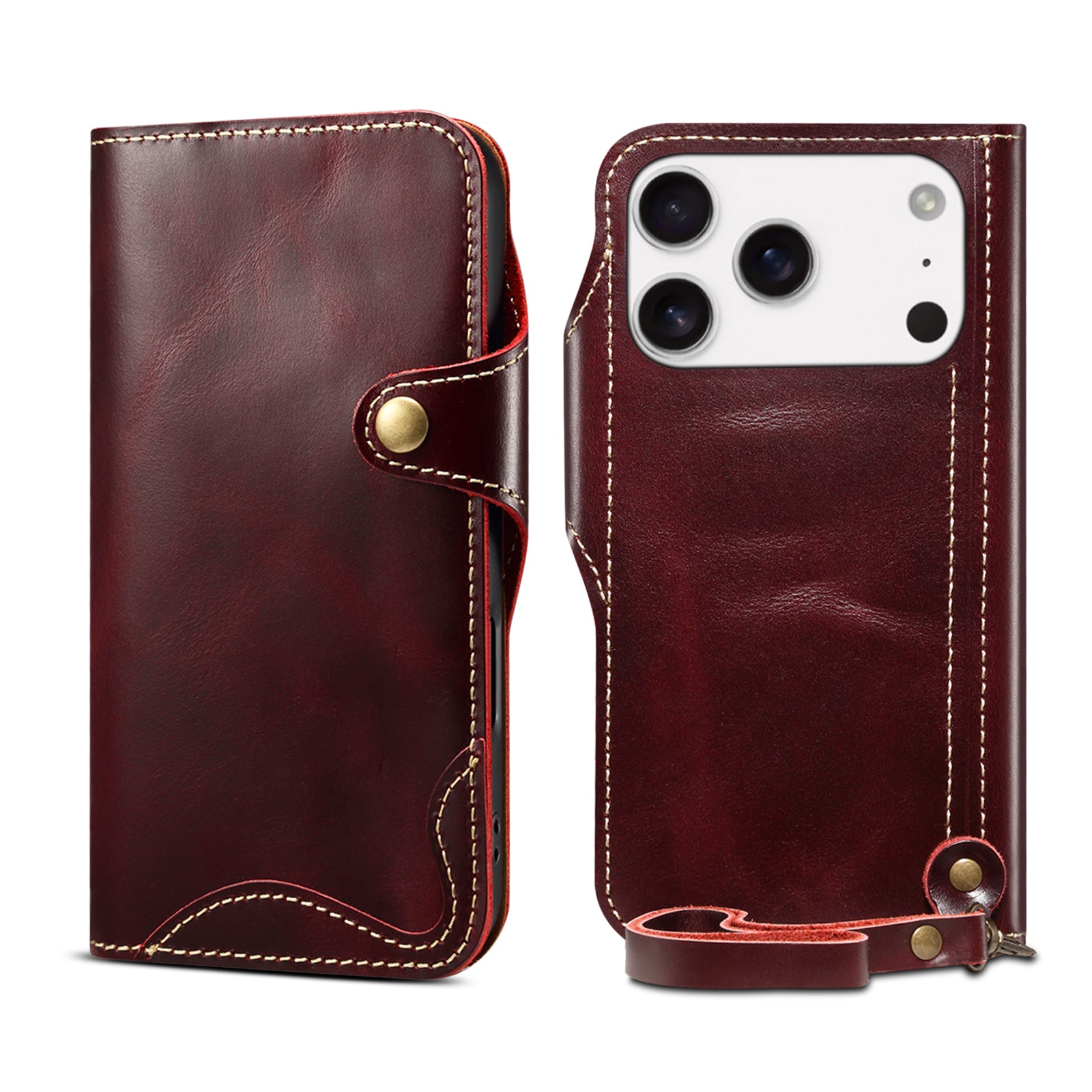 iPhone 17 Series Genuine Leathe Multi Functional Card Insertion Flip Wallet Holder Phone Case（Red）