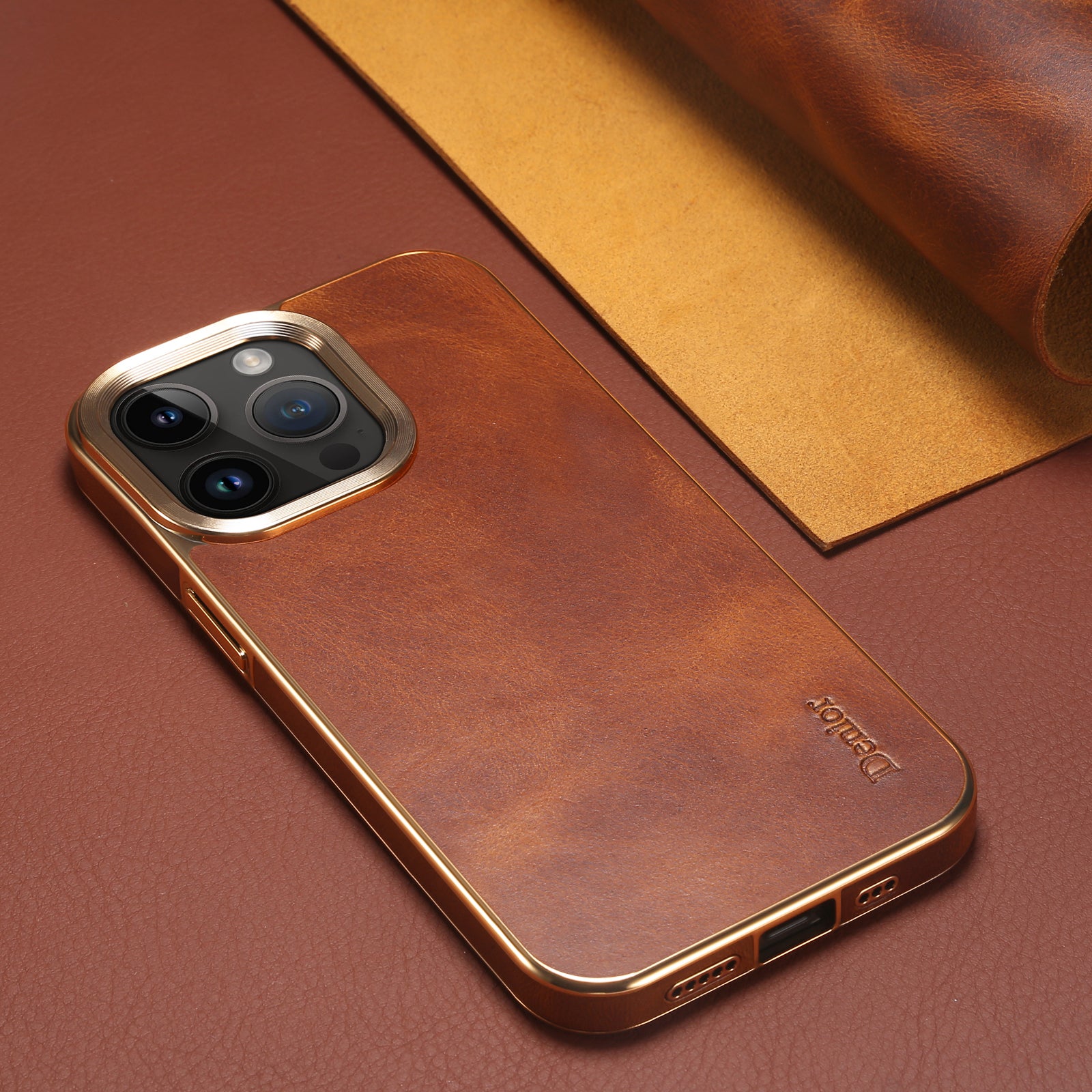 iPhone Top Layer Cowhide Electroplated Border Anti Drop Genuine Leather Phone Case（Brown）