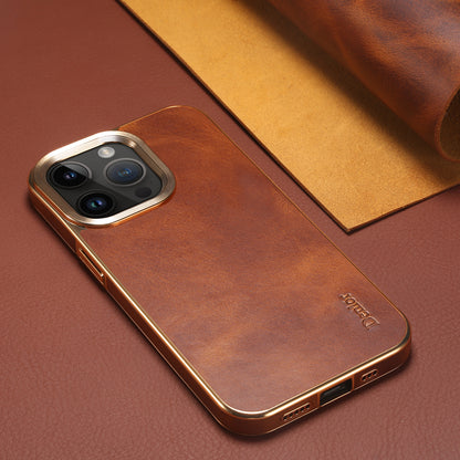 iPhone Top Layer Cowhide Electroplated Border Anti Drop Genuine Leather Phone Case（Brown）
