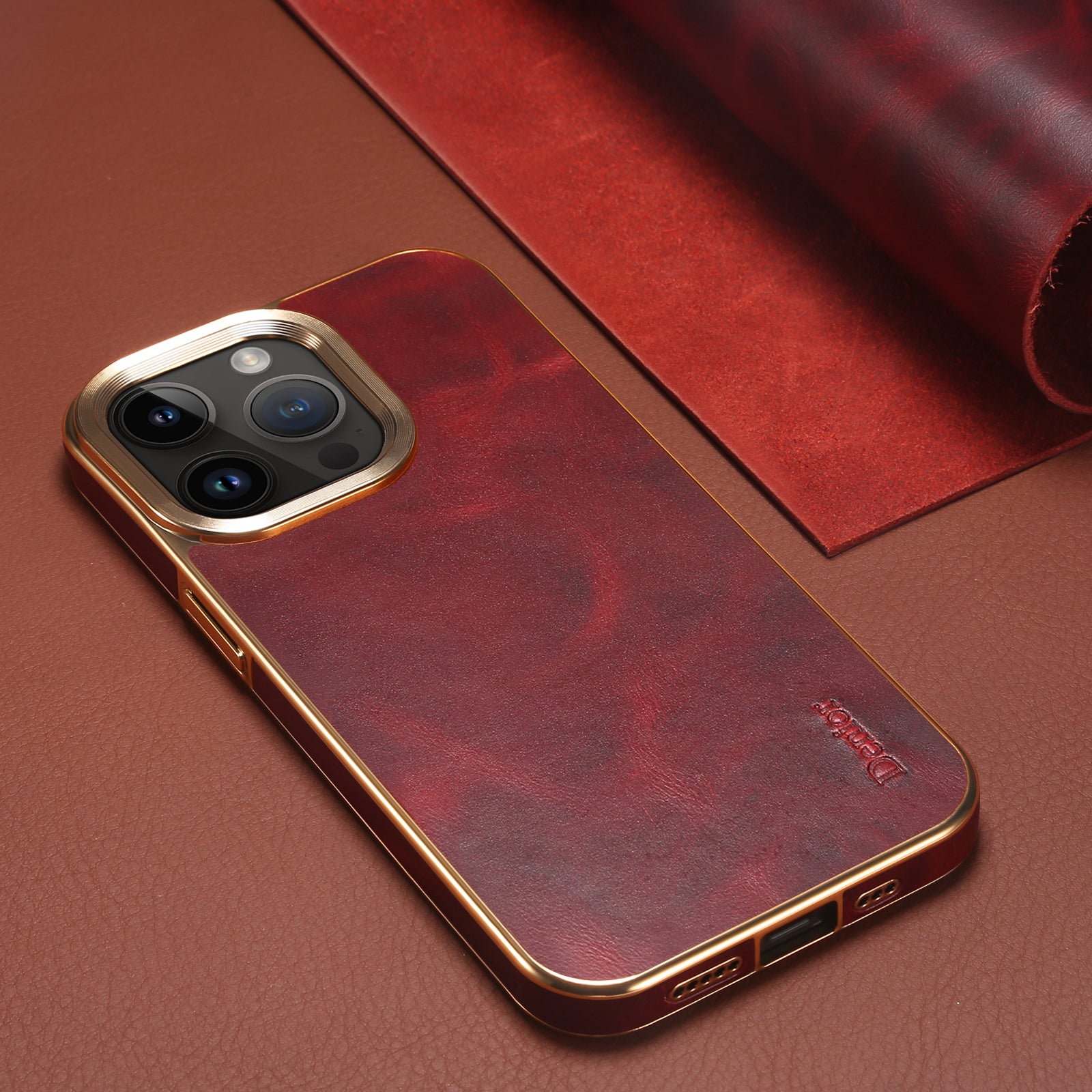 iPhone Top Layer Cowhide Electroplated Border Anti Drop Genuine Leather Phone Case（Red）
