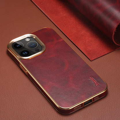 iPhone Top Layer Cowhide Electroplated Border Anti Drop Genuine Leather Phone Case（Red）