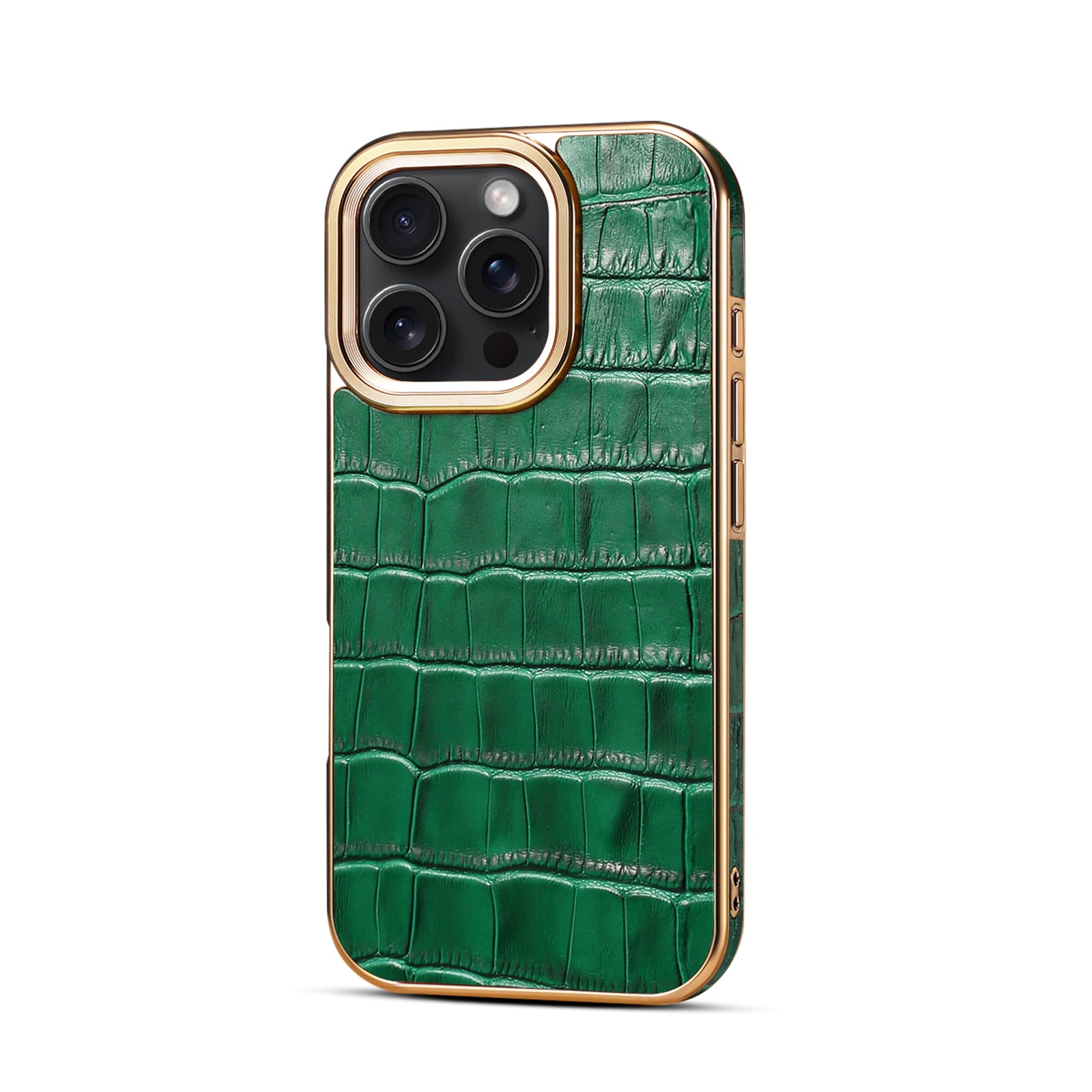 iPhone 16 Series Top Layer Alligator Pattern Cowhide Electroplated Border Anti Drop Genuine Leather Phone Case（Green）