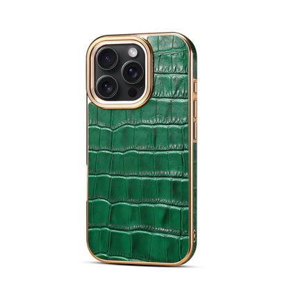 iPhone 16 Series Top Layer Alligator Pattern Cowhide Electroplated Border Anti Drop Genuine Leather Phone Case（Green）