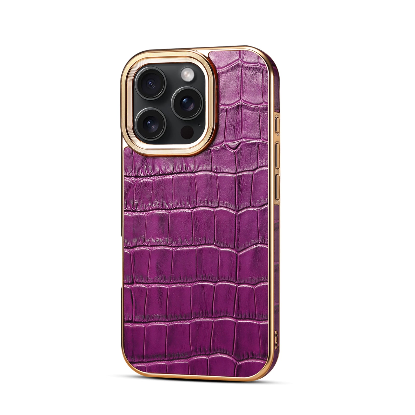 iPhone 16 Series Top Layer Alligator Pattern Cowhide Electroplated Border Anti Drop Genuine Leather Phone Case（Purple）