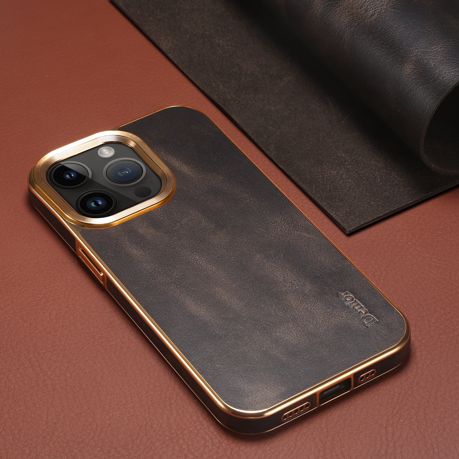 iPhone Top Layer Cowhide Electroplated Border Anti Drop Genuine Leather Phone Case（Black）