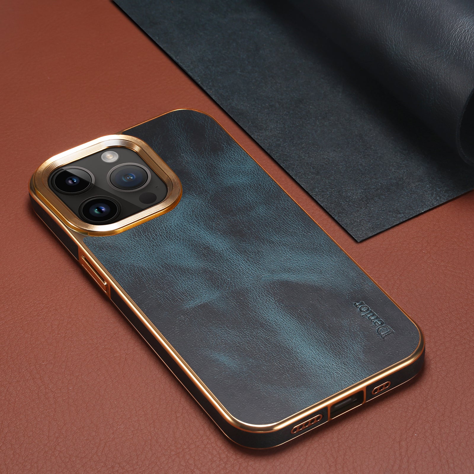 iPhone Top Layer Cowhide Electroplated Border Anti Drop Genuine Leather Phone Case（Blue）