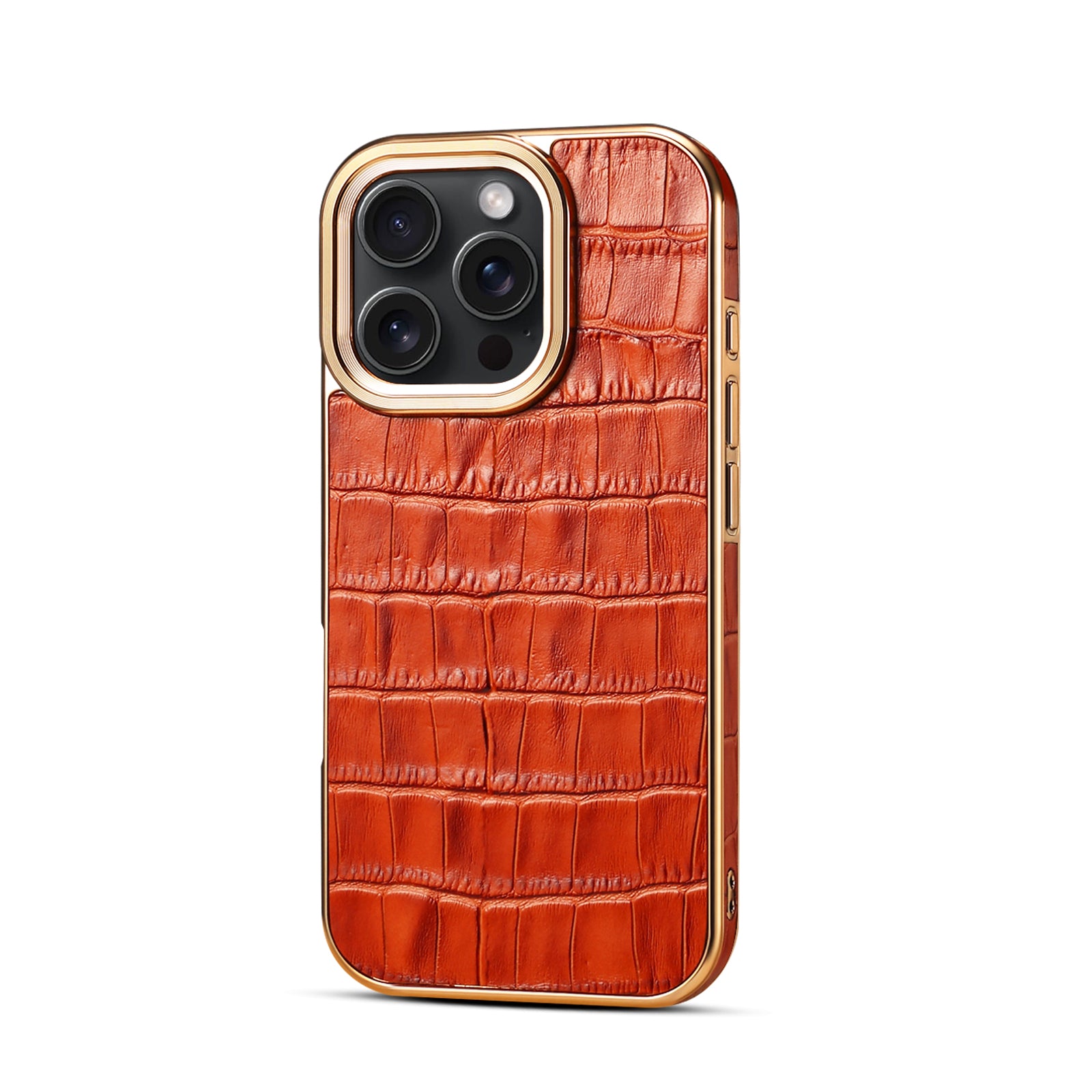 iPhone 16 Series Top Layer Alligator Pattern Cowhide Electroplated Border Anti Drop Genuine Leather Phone Case（Brown）
