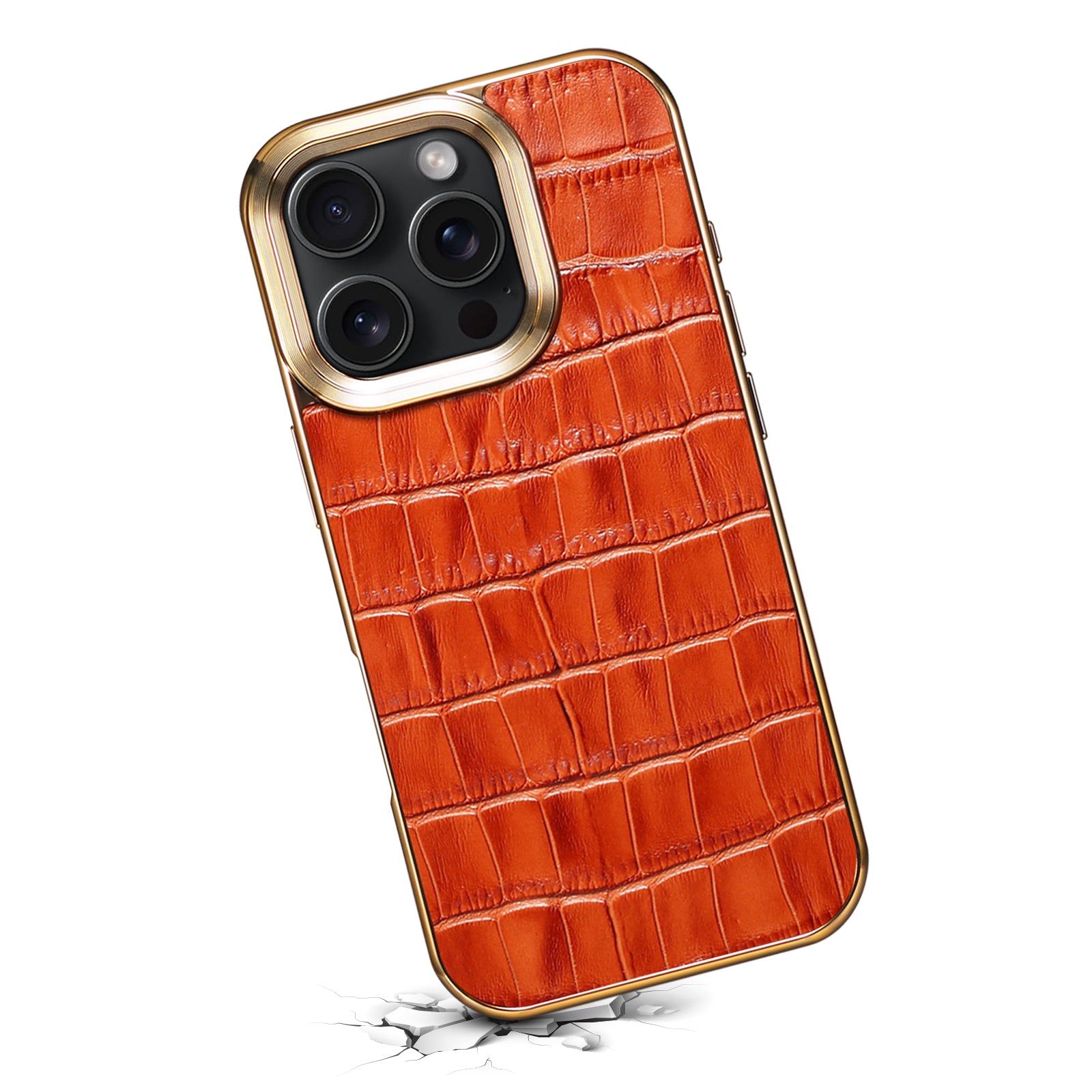 iPhone 16 Series Top Layer Alligator Pattern Cowhide Electroplated Border Anti Drop Genuine Leather Phone Case（Brown）