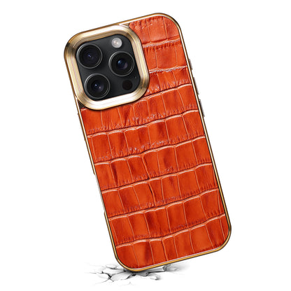 iPhone 16 Series Top Layer Alligator Pattern Cowhide Electroplated Border Anti Drop Genuine Leather Phone Case（Brown）