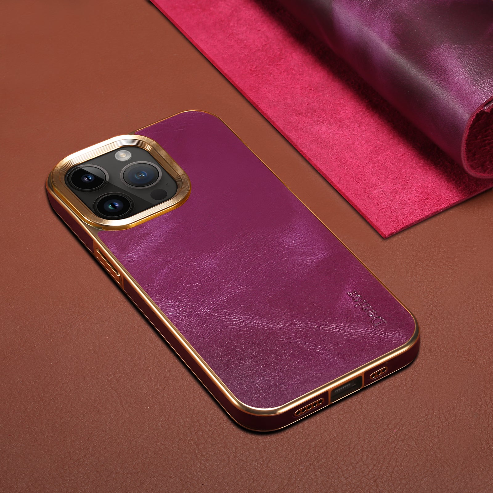 iPhone Top Layer Cowhide Electroplated Border Anti Drop Genuine Leather Phone Case（Purple）