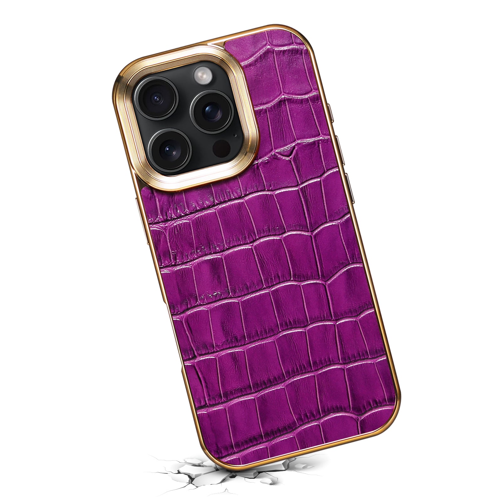 iPhone 16 Series Top Layer Alligator Pattern Cowhide Electroplated Border Anti Drop Genuine Leather Phone Case（Purple）