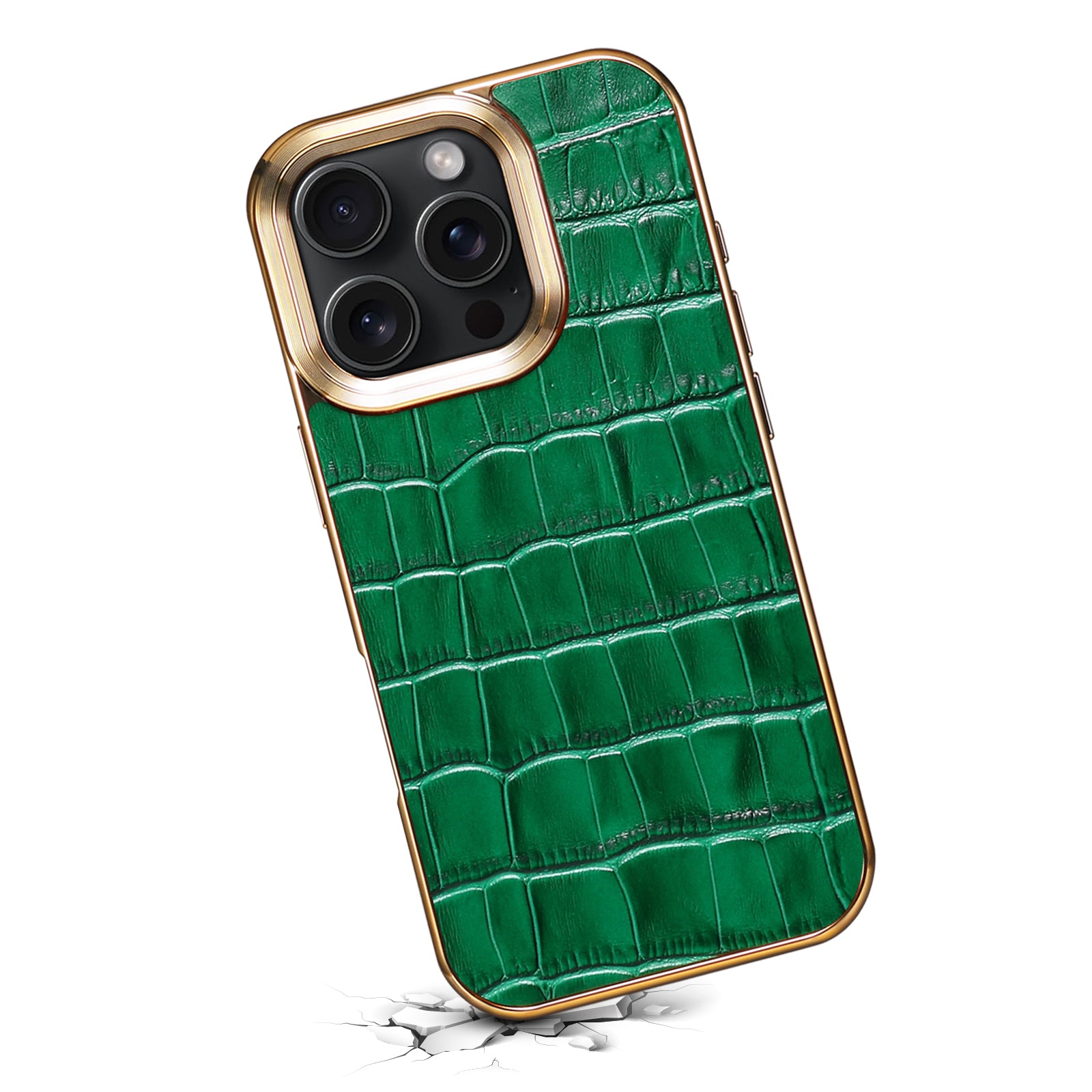 iPhone 16 Series Top Layer Alligator Pattern Cowhide Electroplated Border Anti Drop Genuine Leather Phone Case（Green）