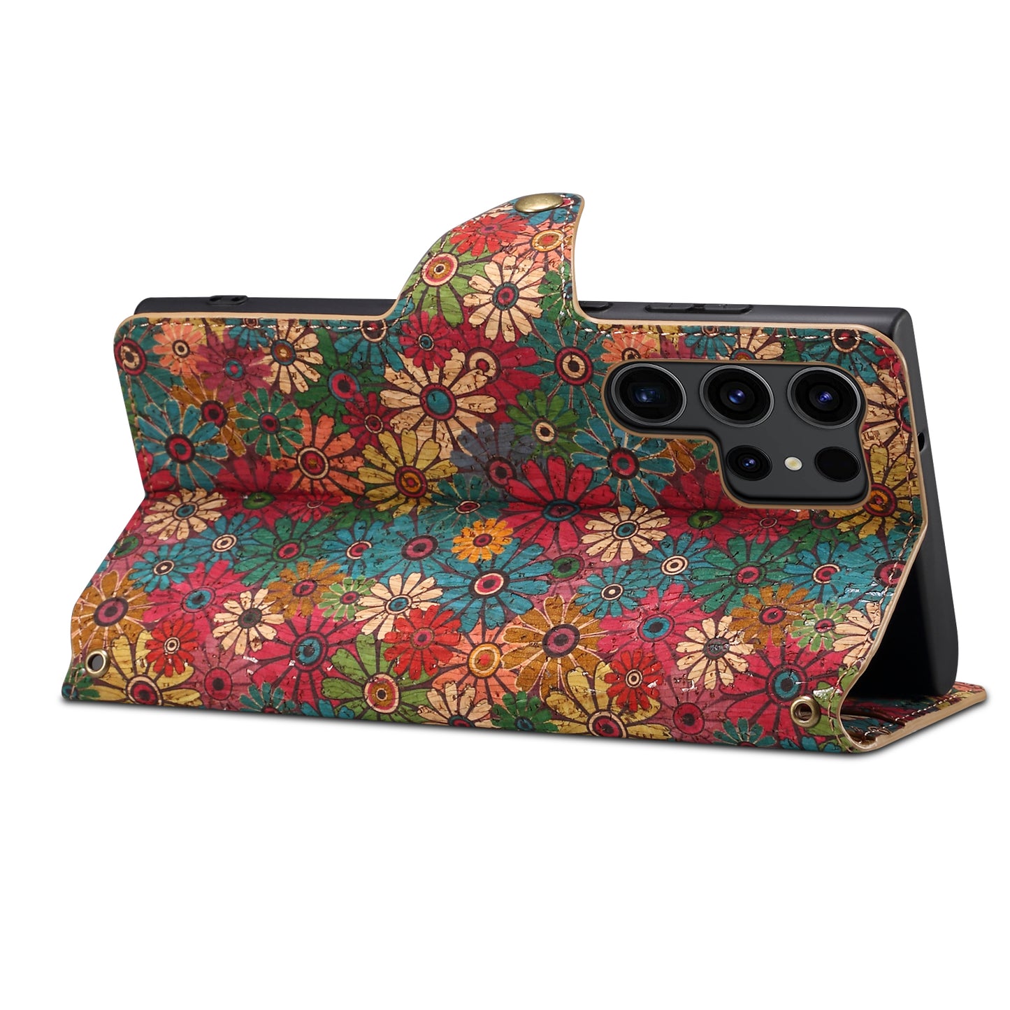 Cork Floral Button Wallet Stand Phone Case (For Samsung)