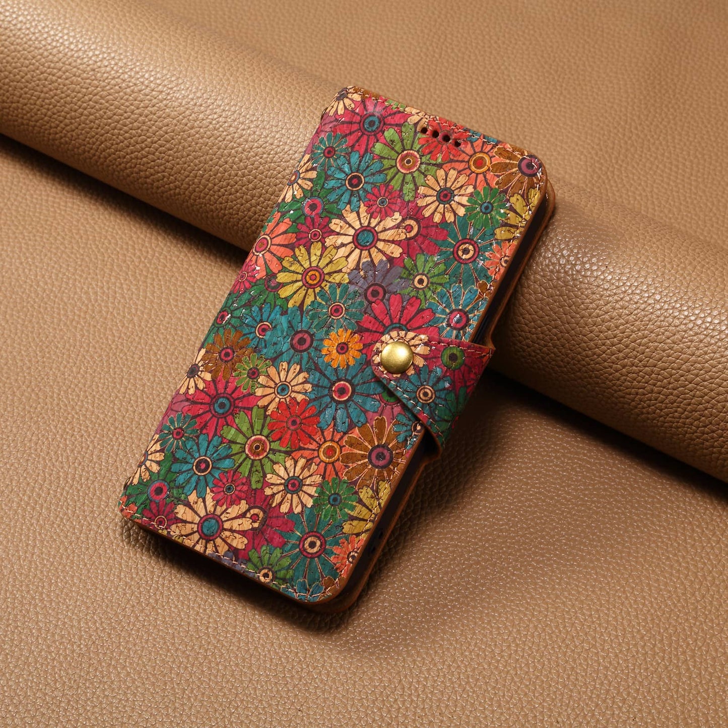 Cork Printed Button Stand Wallet Phone Case