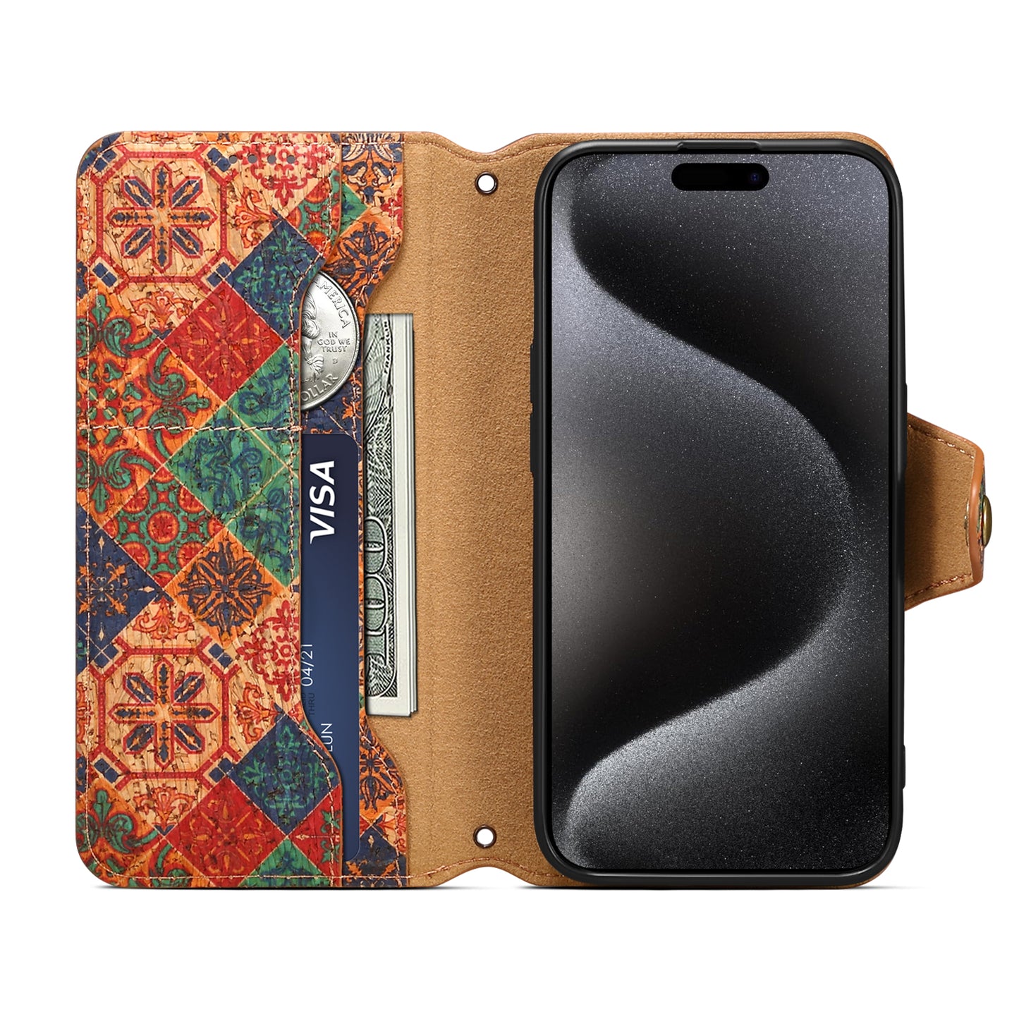 Cork Printed Button Stand Wallet Phone Case