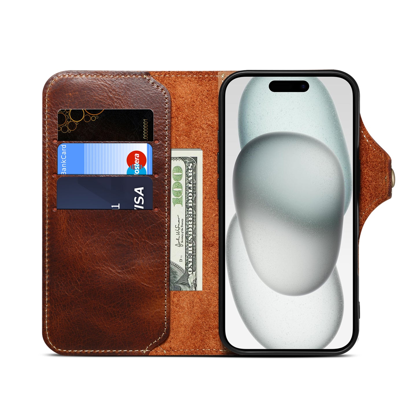 Genuine Oil Wax Cowhide Stand Wallet Phone Case