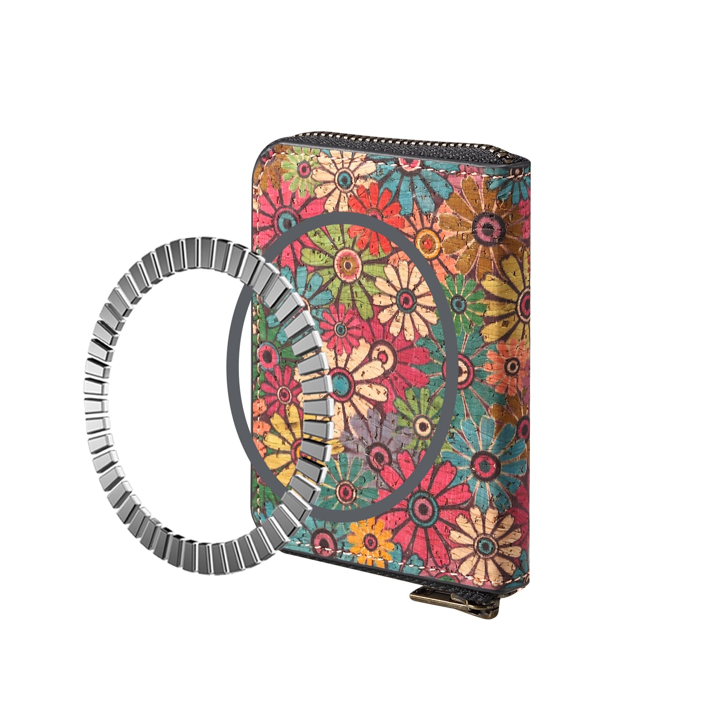 Cork Flower Magnetic Zipper Card Holder