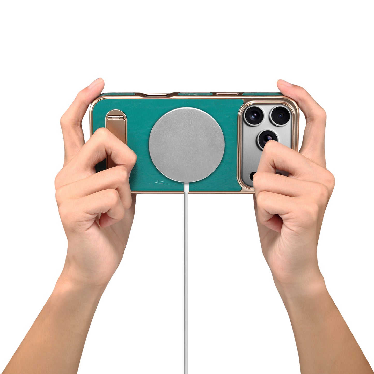 Genuine Leather In-line Stand Magnetic Electroplated Phone Case