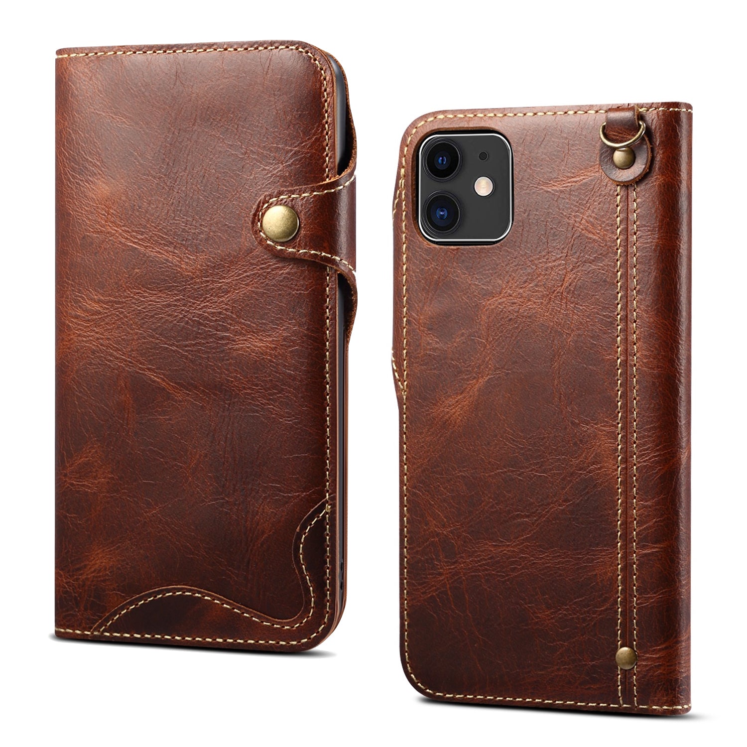 iPhone 13/12 Min/11/7/8 Plus/Xs Max Series Genuine Leathe Multi Functional Card Insertion Flip Wallet Holder Phone Case（Brown）