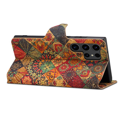 Cork Floral Button Wallet Stand Phone Case (For Samsung)
