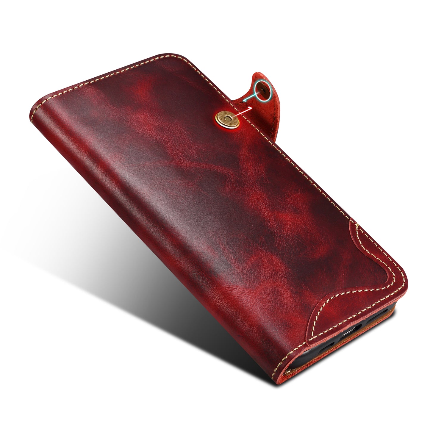Genuine Oil Wax Cowhide Button Stand Wallet Phone Case