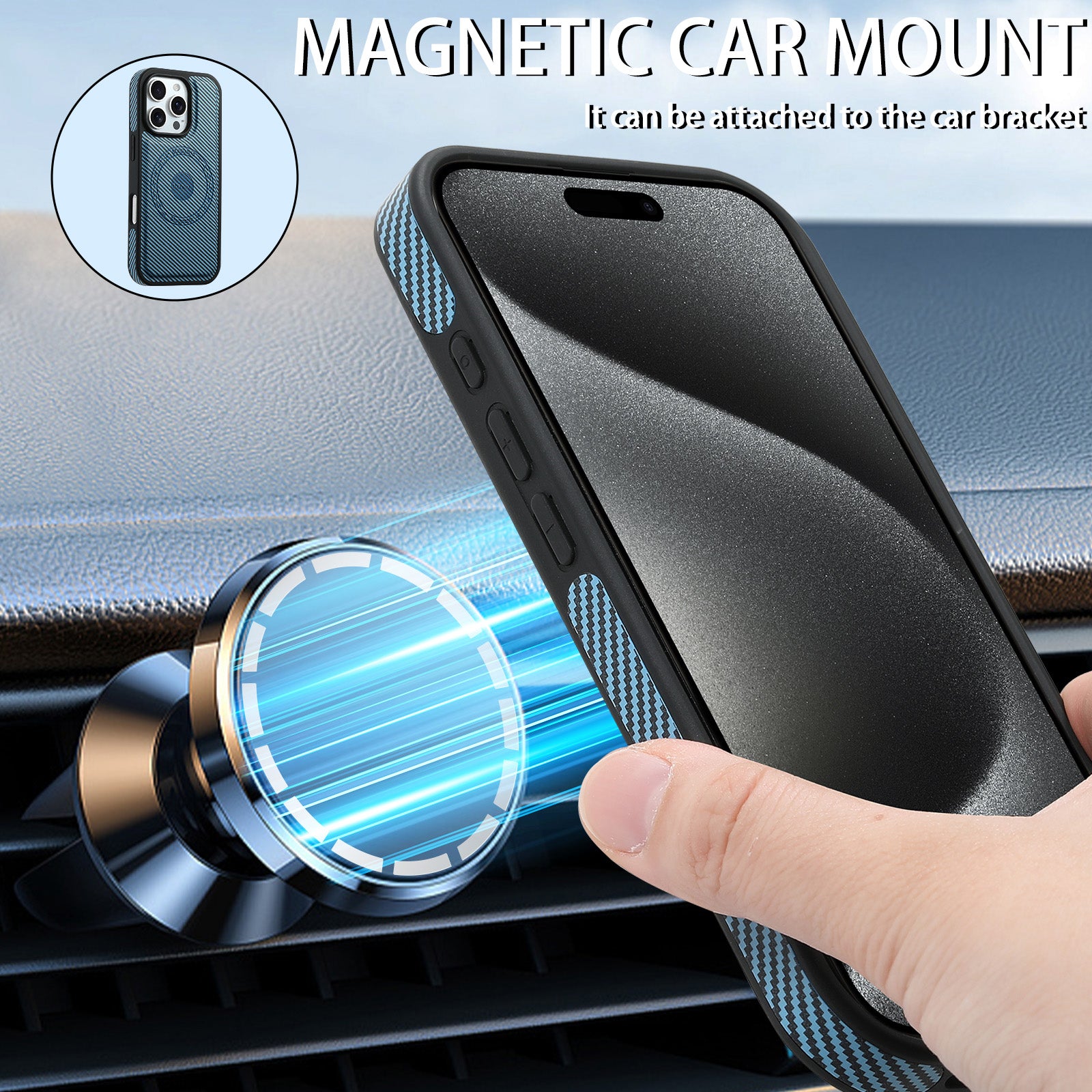 Charcoal fibre Magnetic Case & Card Bag（Blue）