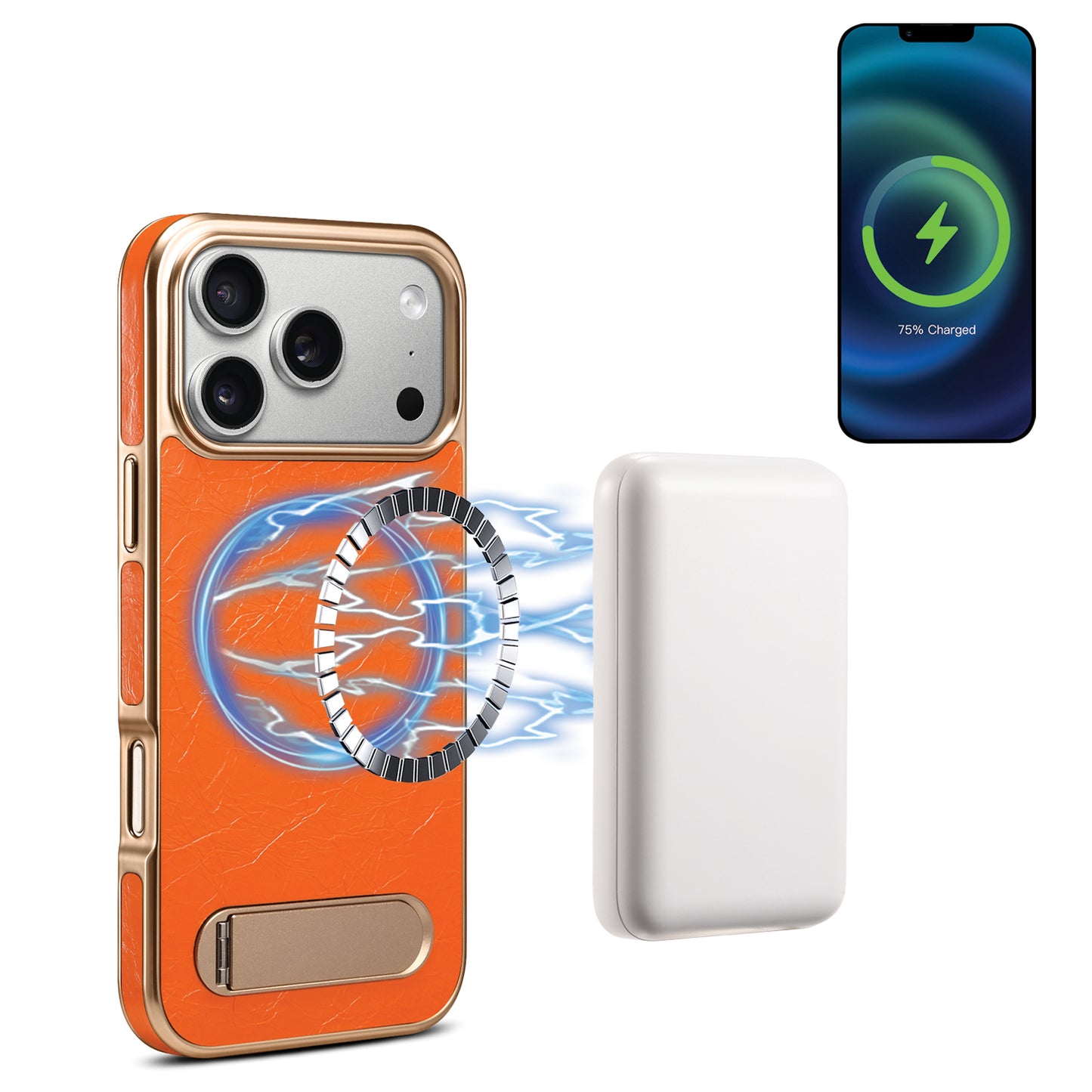 Genuine Leather In-line Stand Magnetic Electroplated Phone Case