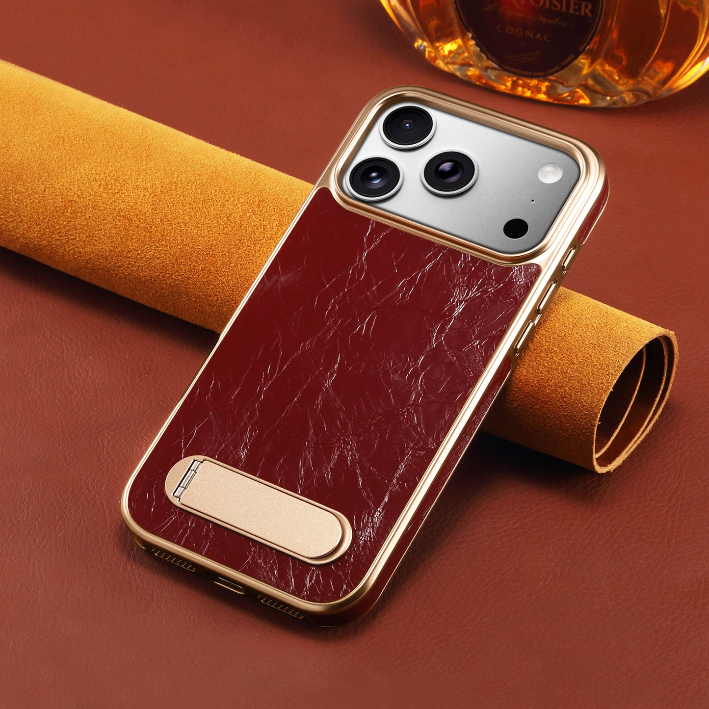 Genuine Leather In-line Stand Magnetic Electroplated Phone Case