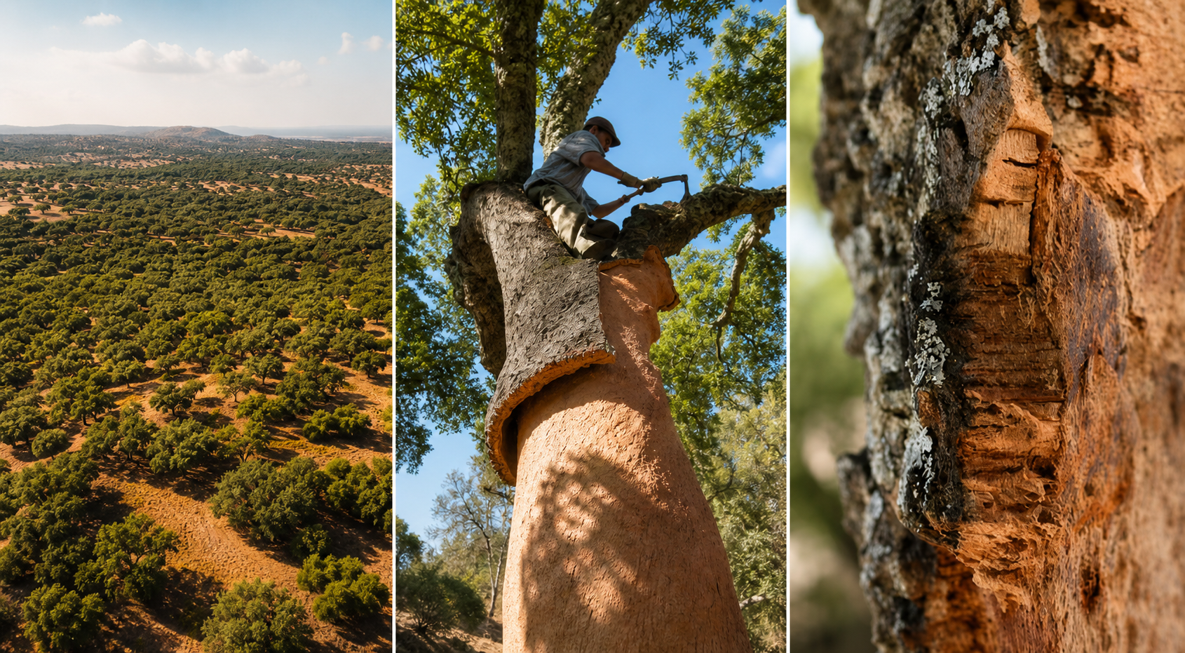 Cork oak forest, bark harvesting and natural cork texture