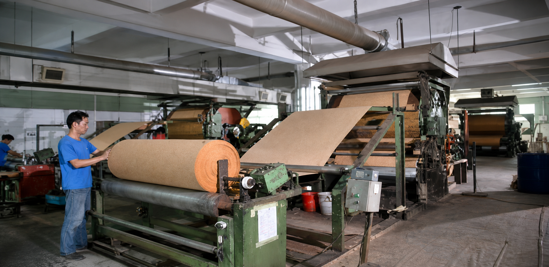 Cork sheet laminated to backing fabric in the workshop