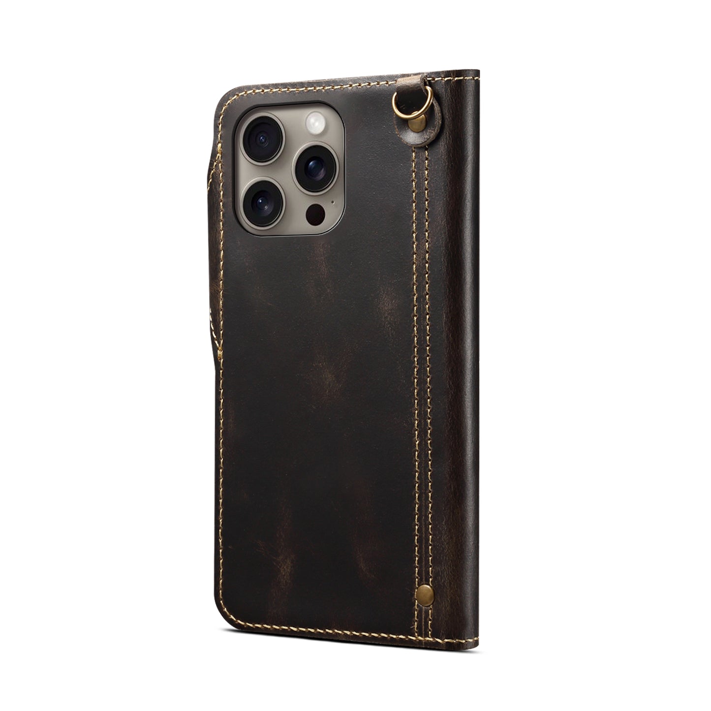 Genuine Oil Wax Cowhide Button Stand Wallet Phone Case