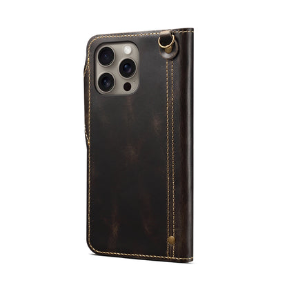 Genuine Oil Wax Cowhide Button Stand Wallet Phone Case