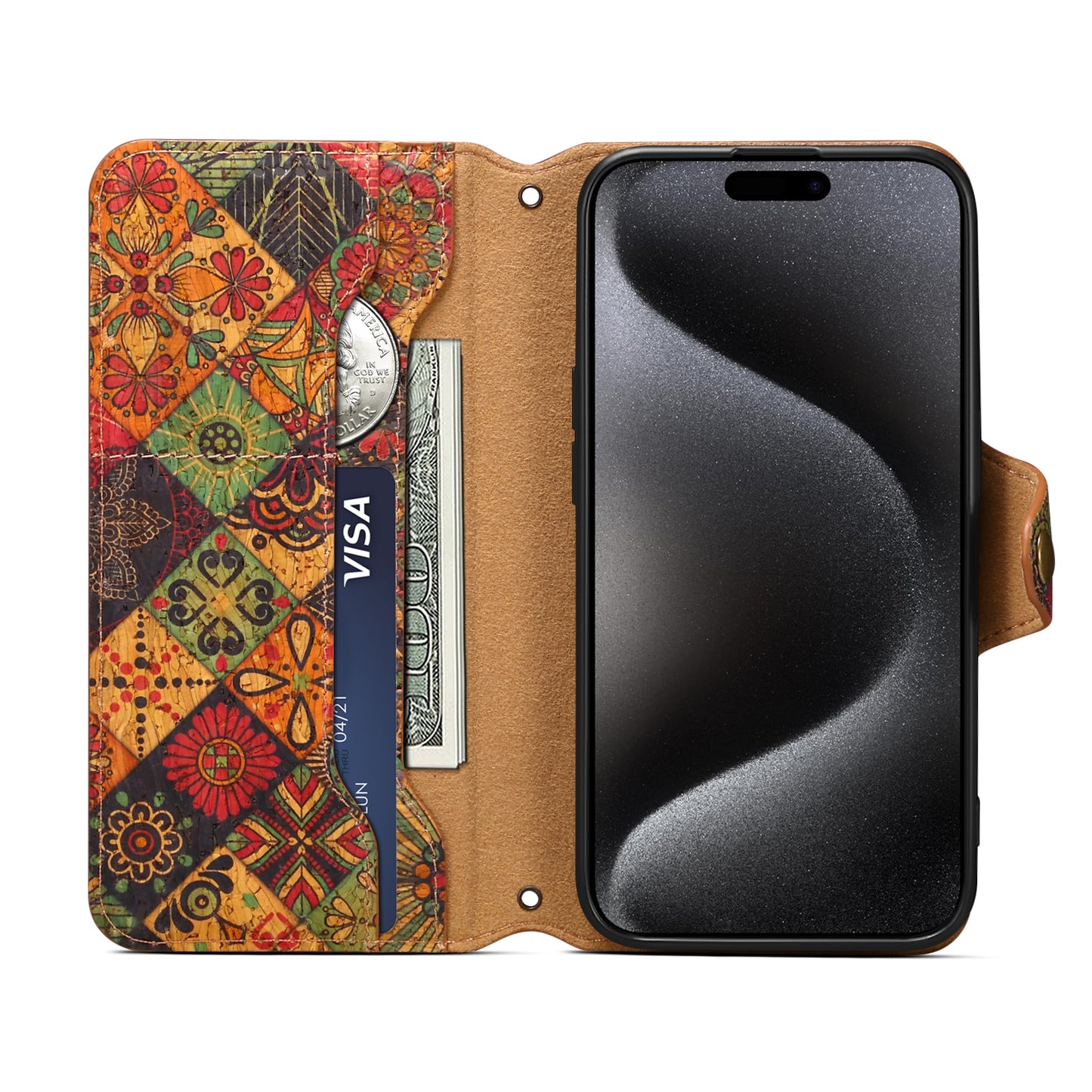Cork Printed Button Stand Wallet Phone Case