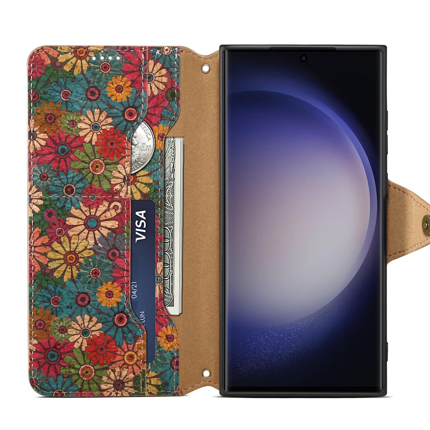 Cork Floral Button Wallet Stand Phone Case (For Samsung)