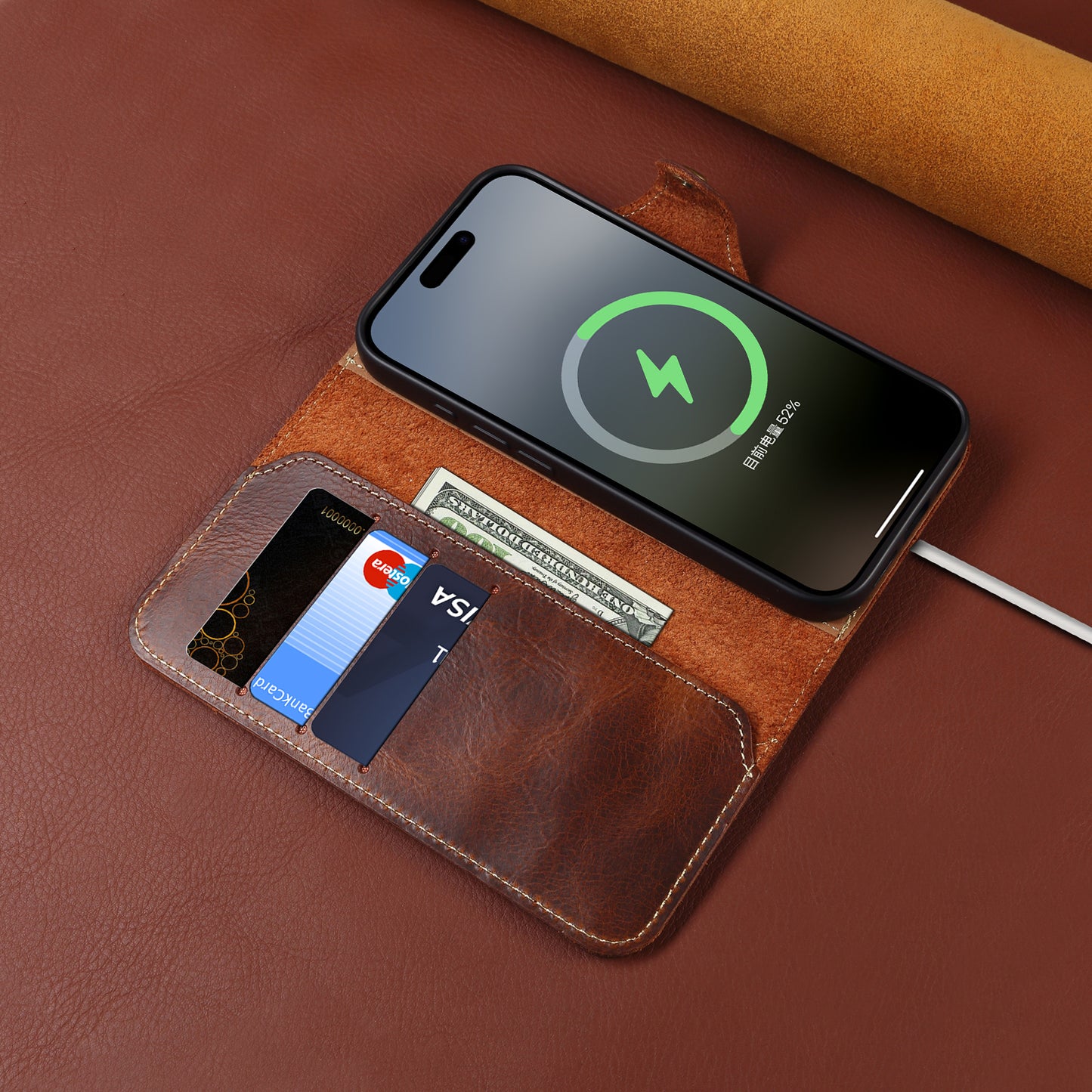 Genuine Oil Wax Cowhide Stand Wallet Phone Case