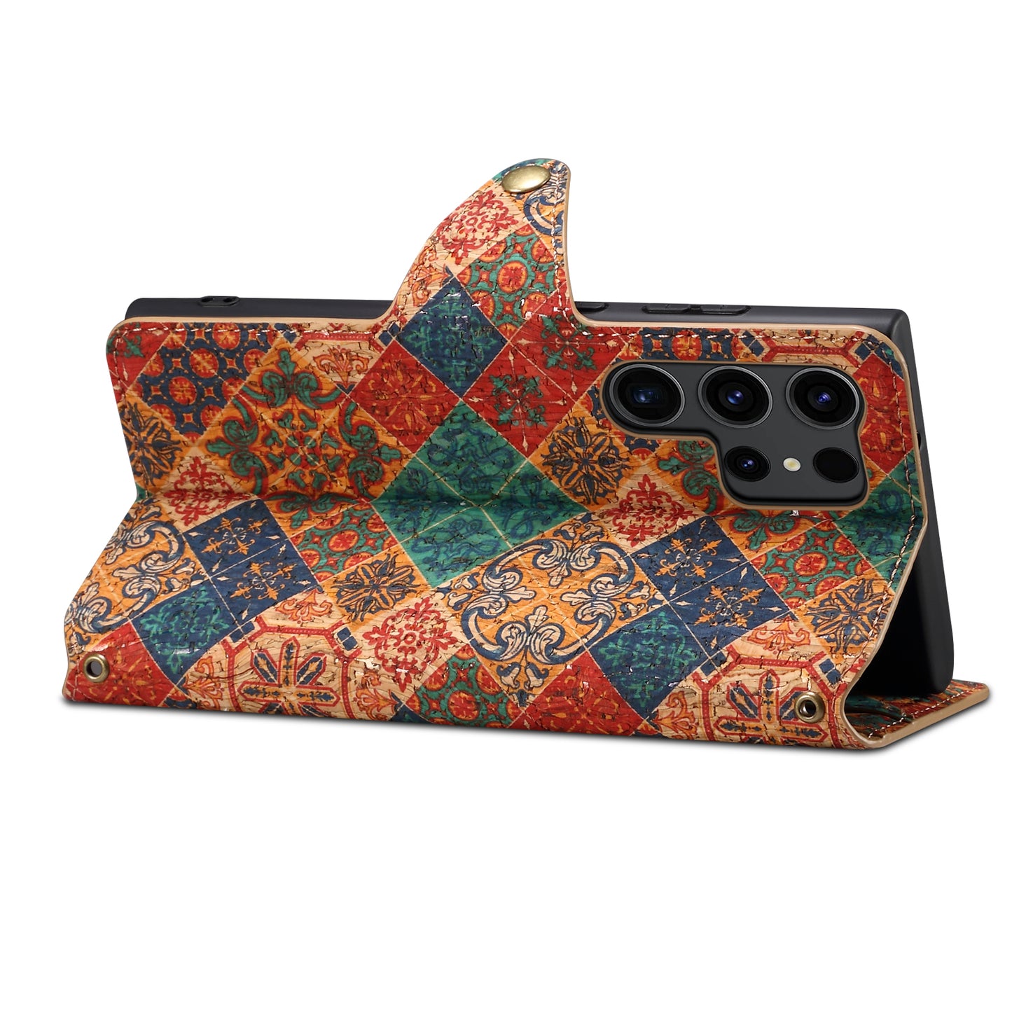 Cork Floral Button Wallet Stand Phone Case (For Samsung)