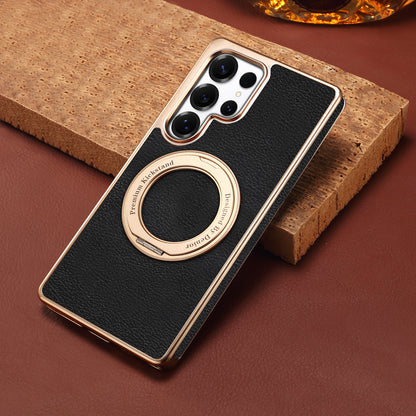 PU Faux Leather Litchi Texture Rotating Stand Electroplated Magnetic Phone Case (For Samsung)