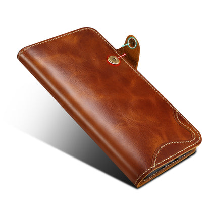 Genuine Oil Wax Cowhide Button Stand Wallet Phone Case