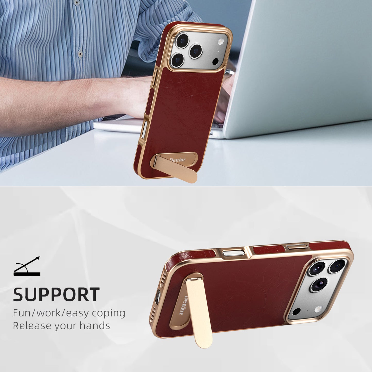 Genuine Leather In-line Stand Magnetic Electroplated Phone Case