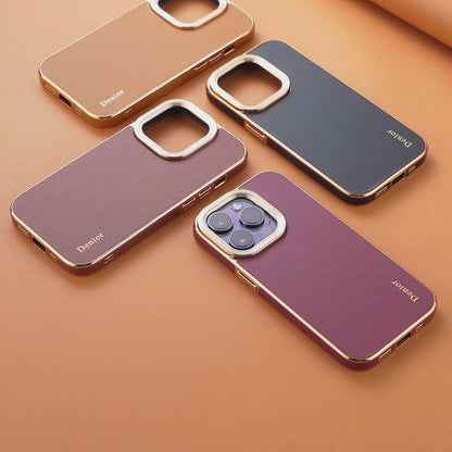 iPhone 15-12 Series Top Layer Cowhide Electroplated Border Anti Drop Genuine Leather Phone Case（Red）